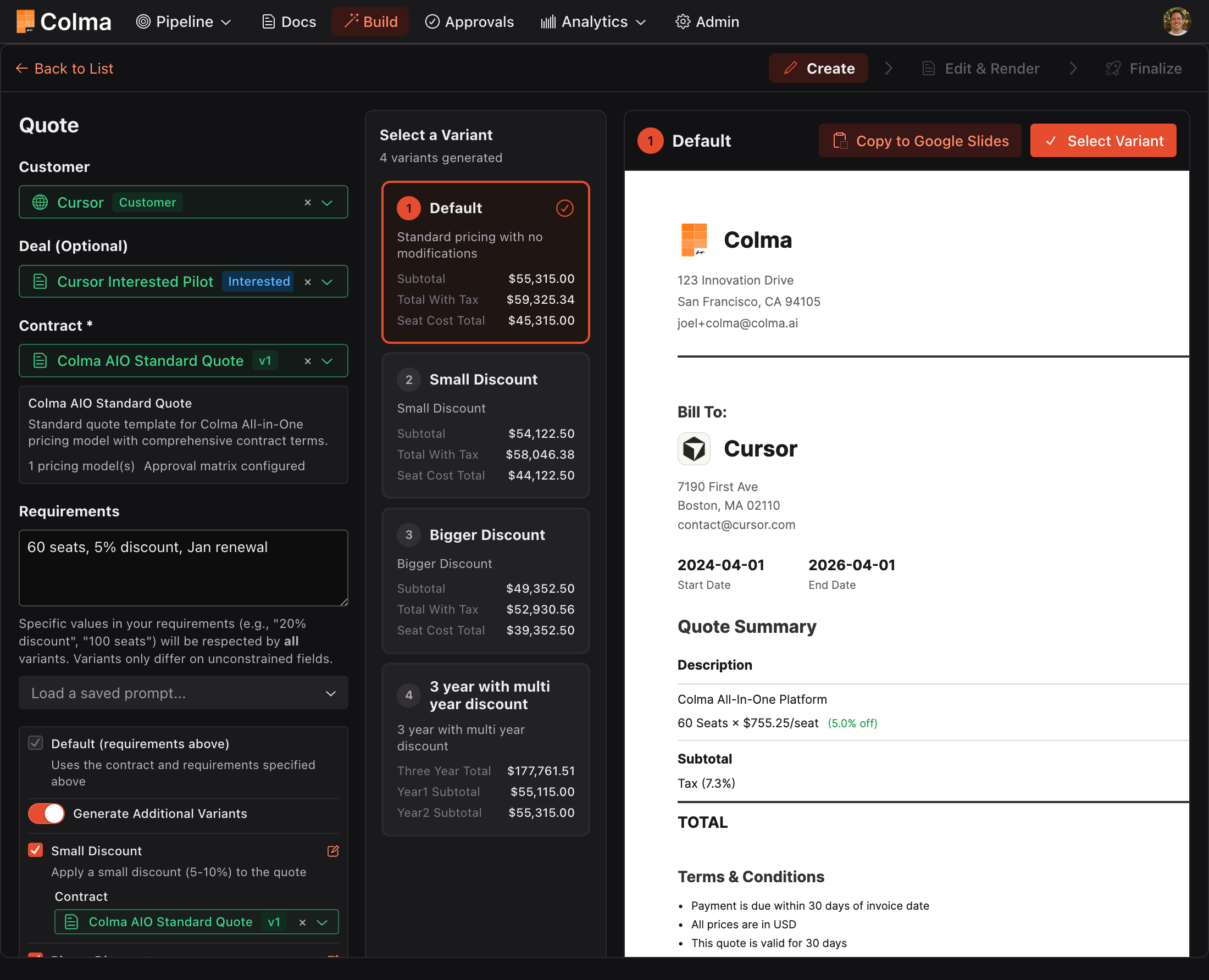 Colma - AI-powered quote builder showing variant selection and professional quote document
